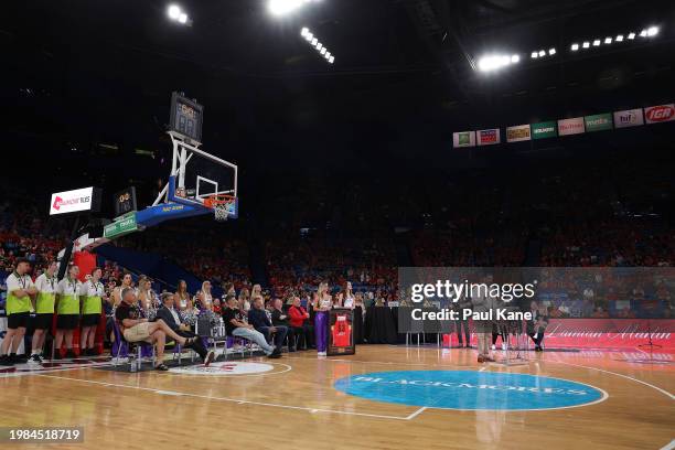 Former Wildcats player Ricky Grace addresses the spectators during the retirement of Damian Martin's playing number following the round 18 NBL match...