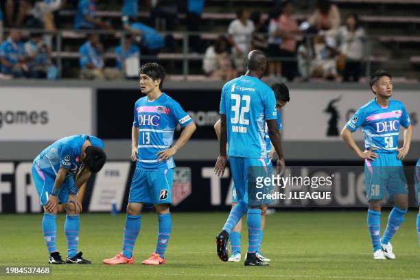 Sagan Tosu players react after the 1-1 draw in the J.League J1 match between Sagan Tosu and Vegalta Sendai at Best Amenity Stadium on June 17, 2017...