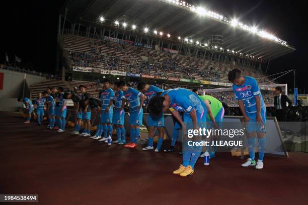 Sagan Tosu players applaud fans after the 1-1 draw in the J.League J1 match between Sagan Tosu and Vegalta Sendai at Best Amenity Stadium on June 17,...