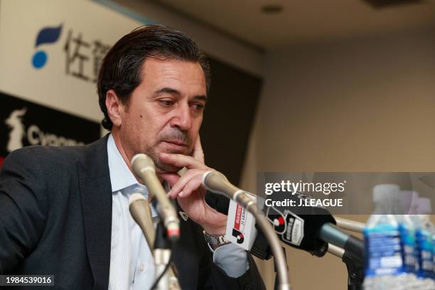 Head coach Massimo Ficcadenti of Sagan Tosu speaks at the post match press conference after the J.League J1 match between Sagan Tosu and Vegalta...