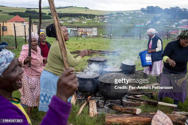 Women cook over open fire after a cow has been slaughtered as Xhosa boys return from their manhood ceremony on December 25 in Hopedale in Eastern...