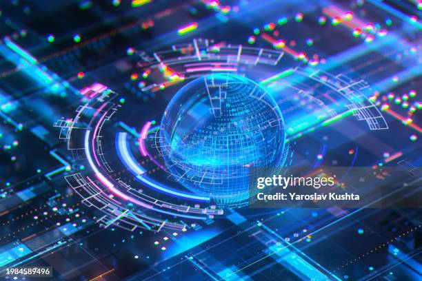 artificial intelligence futuristic globe hud background-cgi. neural network ai processing data on digital screen. future technology background - stock photo - hud grafische benutzeroberfläche stock-fotos und bilder