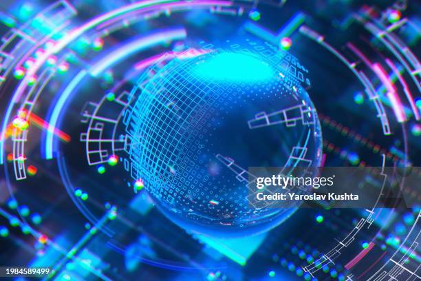 artificial intelligence futuristic globe hud background-cgi. neural network ai processing data on digital screen. future technology background - stock photo - quantum computing stock pictures, royalty-free photos & images