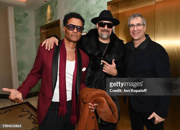 Eric Benét, B-Real and Larry Mestel attend Primary Wave 17th Annual Grammy Pre-Party Celebrating Billboard No. 1s at Waldorf Astoria Beverly Hills on...