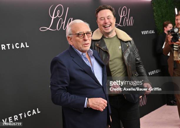Nelson Peltz and Elon Musk attend the Premiere of "Lola" at Regency Bruin Theatre on February 03, 2024 in Los Angeles, California.