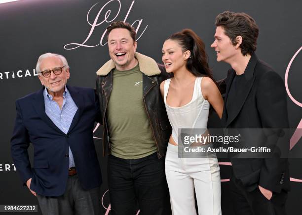 Nelson Peltz, Elon Musk, Nicola Peltz Beckham and Will Peltz attend the Premiere of "Lola" at Regency Bruin Theatre on February 03, 2024 in Los...