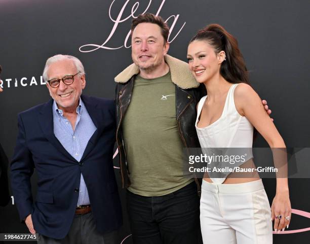 Nelson Peltz, Elon Musk and Nicola Peltz Beckham attend the Premiere of "Lola" at Regency Bruin Theatre on February 03, 2024 in Los Angeles,...