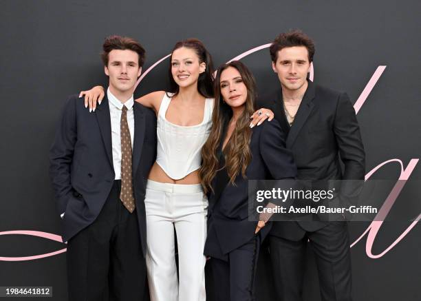 Cruz Beckham, Nicola Peltz Beckham, Victoria Beckham and Brooklyn Peltz Beckham attend the Premiere of "Lola" at Regency Bruin Theatre on February...