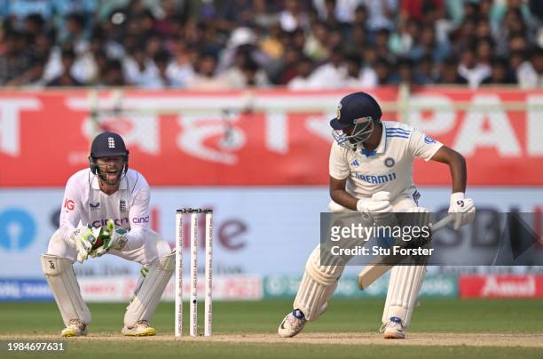 India batsman Ravi Ashwin is caught by England wicketkeeper Ben Foakes off the bowling of Rehan Ahmed during day three of the 2nd Test Match between...
