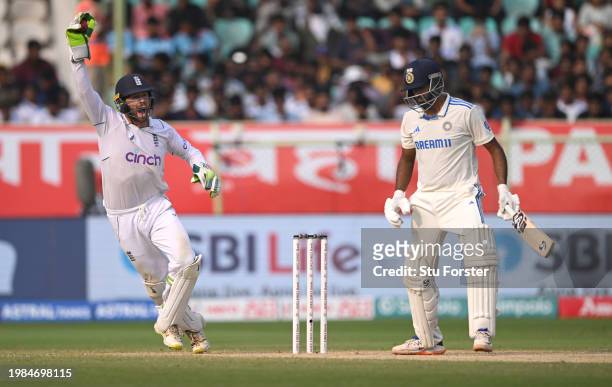 India batsman Ravi Ashwin is caught by England wicketkeeper Ben Foakes off the bowling of Rehan Ahmed during day three of the 2nd Test Match between...
