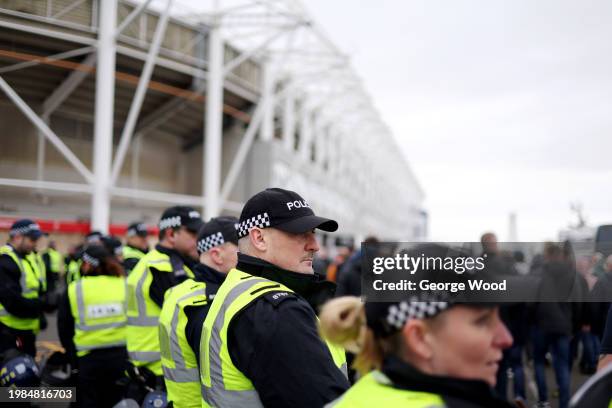 Police are seen outside the stadium prior to the Sky Bet Championship match between Middlesbrough and Sunderland at Riverside Stadium on February 04,...