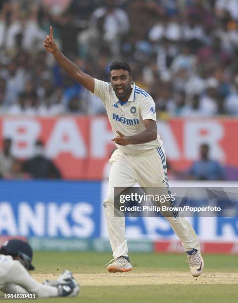 Ravichandran Ashwin celebrates after dismissing Ben Duckett during day three of the 2nd Test Match between India and England at ACA-VDCA Stadium on...