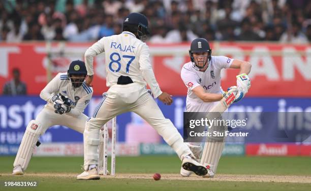 England batsman Zak Crawley drives for some runs during day three of the 2nd Test Match between India and England at ACA-VDCA Stadium on February 04,...