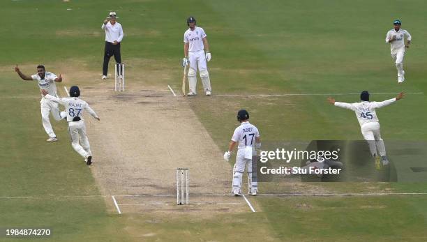 India bowler Ravi Ashwin celebrates as England batsman Ben Duckett is caught by wicketkeeper Srikar Bharat during day three of the 2nd Test Match...