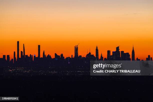 Midtown Manhattan at dawn in a view from West Orange, New Jersey, on February 7, 2024.