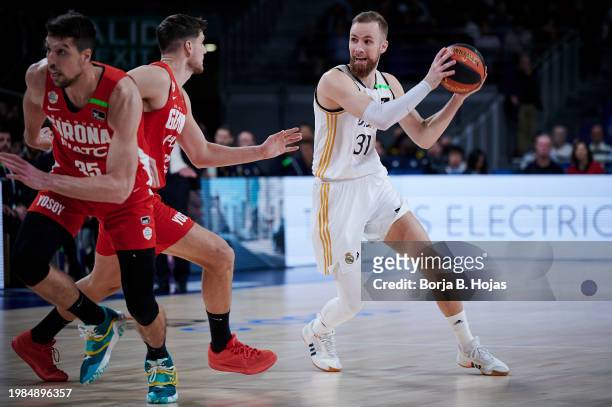 Dzanan Musa of Real Madrid in action during Liga Endesa match between Real Madrid and Basquet Girona at WiZink Center on February 04, 2024 in Madrid,...