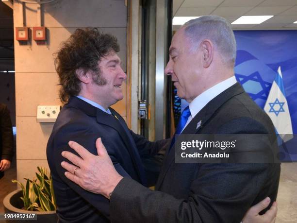 Javier Milei , President of Argentina meets with Israeli Prime Minister Benjamin Netanyahu in West Jerusalem on February 07, 2024.