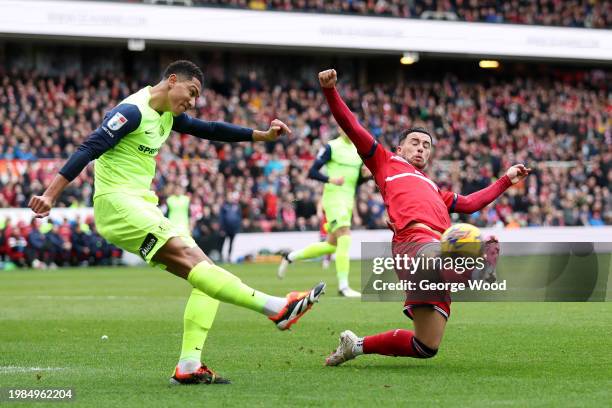 Jobe Bellingham of Sunderland is challenged by Sam Greenwood of Middlesbrough during the Sky Bet Championship match between Middlesbrough and...