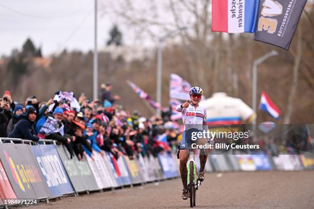 Zoe Backstedt of Great Britain celebrates at finish line as race winner during the 75th UCI World Championships Cyclo-Cross 2024 - Women's U23 on...