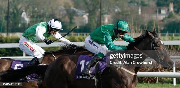 Slevin riding Brucio win The Irish Stallion Farms EBF Paddy Mullins Mares Handicap Hurdle at Leopardstown Racecourse on February 04, 2024 in Dublin,...