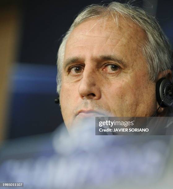 Zurich's head coach Bernard Challandes attends a press conference before a trainning session at the Santiago Bernabeu stadium in Madrid on November...