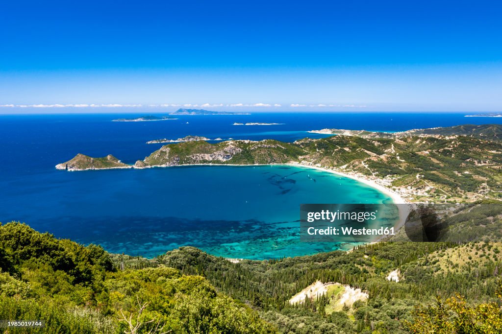 Greece, Ionian Islands, Agios Georgios, Blue bay of Corfu island in summer