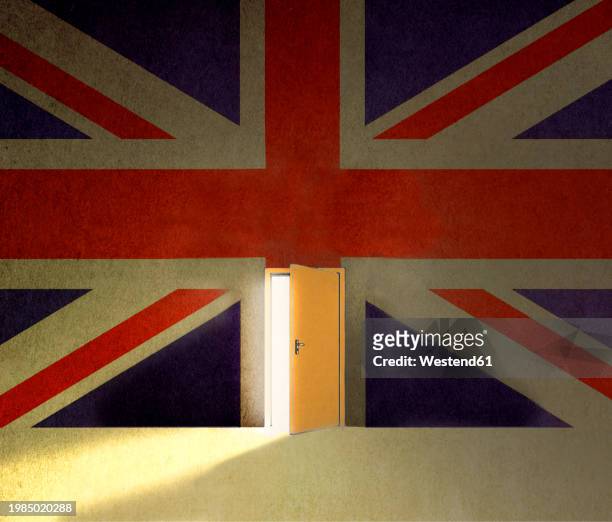 british flag with light of opportunity behind ajar door to immigrate in uk - ergonomics stock illustrations