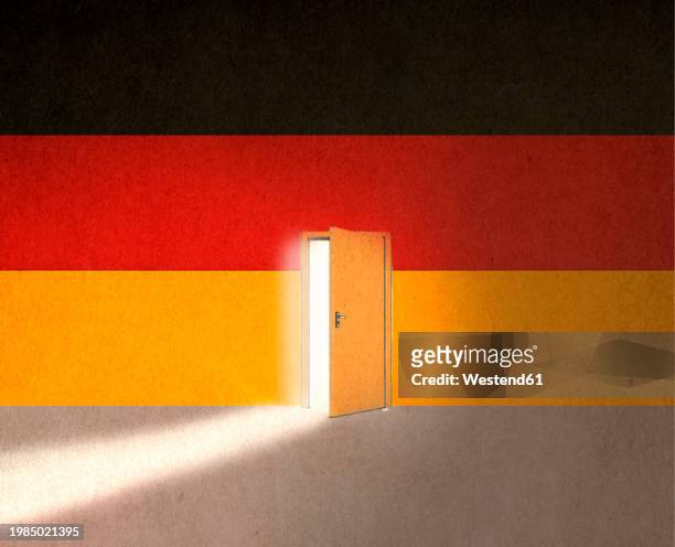 german flag with light of opportunity behind ajar door to immigrate in germany - german flag stock illustrations