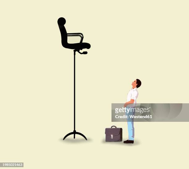 ambitious businessman looking up at tall chair over yellow background - business inspiration stock illustrations