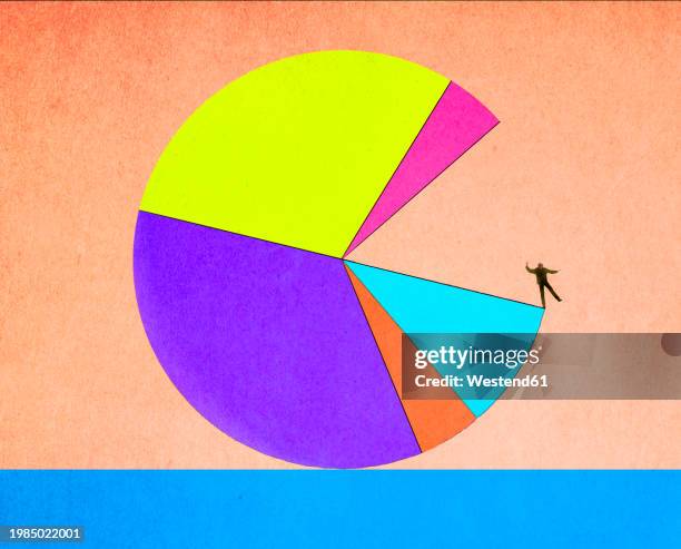 business person balancing on open section of pie chart - dividing stock illustrations