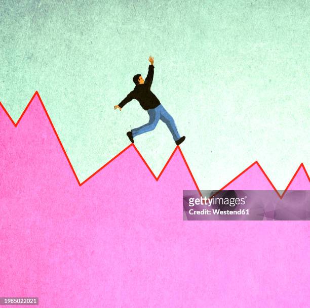 businessman balancing along collapsing graph - business stock illustrations