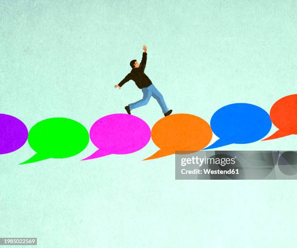 man balancing along bridge of speech bubbles to communicate - human representation stock illustrations