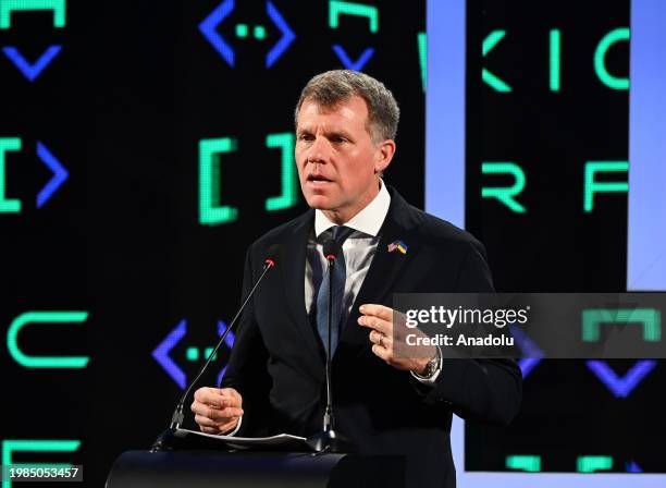 Ambassador at Large for Cyberspace and Digital Policy, U.S. Department of State Nathaniel Fick delivers a speech during 'Kyiv international cyber...