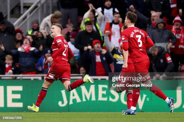 Marcus Forss of Middlesbrough celebrates scoring his team's first goal during the Sky Bet Championship match between Middlesbrough and Sunderland at...