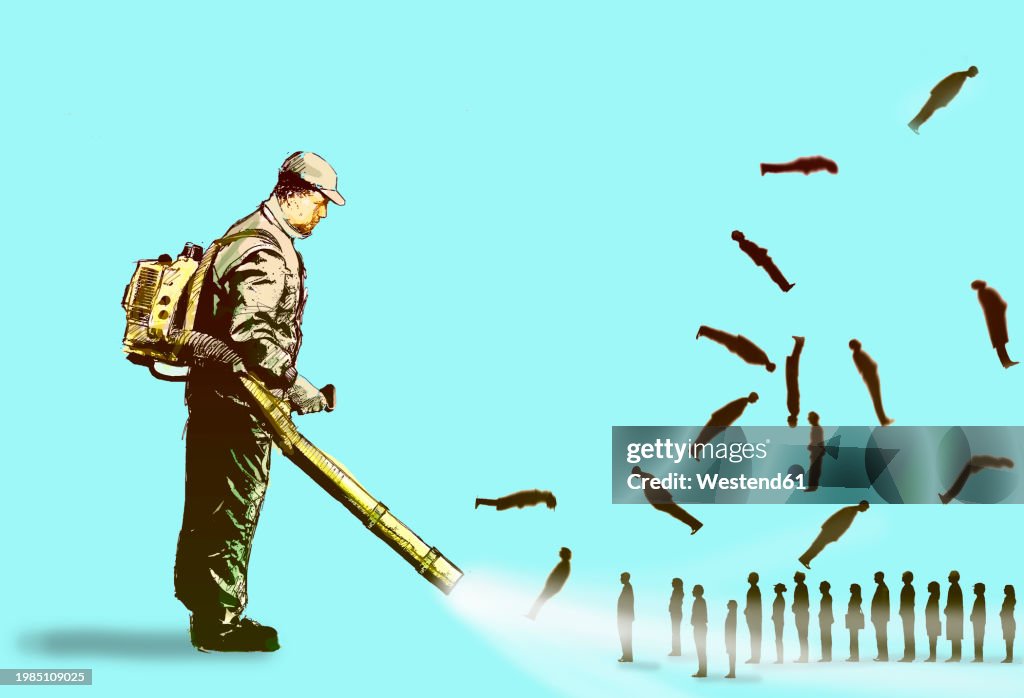 Oversized man blowing people away with leaf blower against blue background