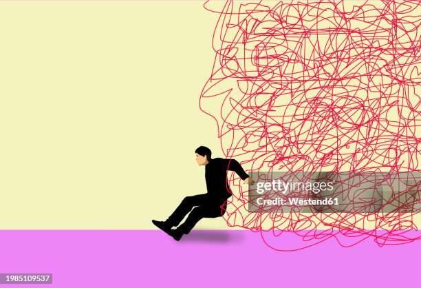 man struggling to hold back large tangled strings - adversity stock illustrations