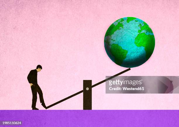man balancing planet earth on seesaw against pink background - heavy stock illustrations