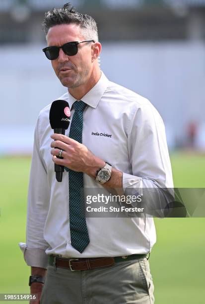 Former England player Kevin Pietersen on Television duty during day three of the 2nd Test Match between India and England at ACA-VDCA Stadium on...