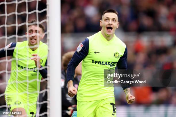 Nazariy Rusyn of Sunderland celebrates scoring his team's first goal during the Sky Bet Championship match between Middlesbrough and Sunderland at...