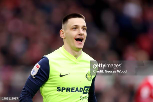 Nazariy Rusyn of Sunderland celebrates scoring his team's first goal during the Sky Bet Championship match between Middlesbrough and Sunderland at...