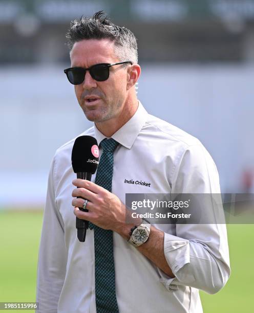 Former England player Kevin Pietersen on Television duty during day three of the 2nd Test Match between India and England at ACA-VDCA Stadium on...