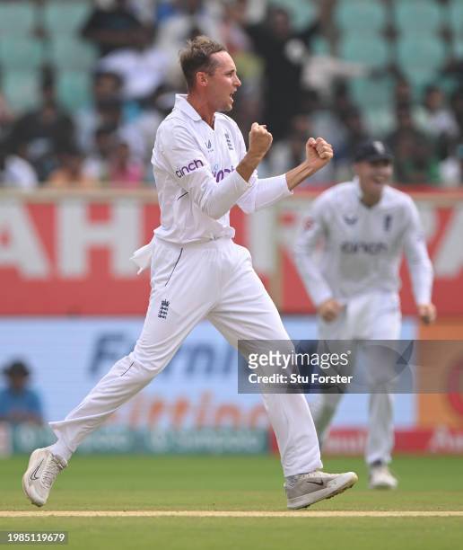 England bowler Tom Hartley celebrates a wicket during day three of the 2nd Test Match between India and England at ACA-VDCA Stadium on February 04,...