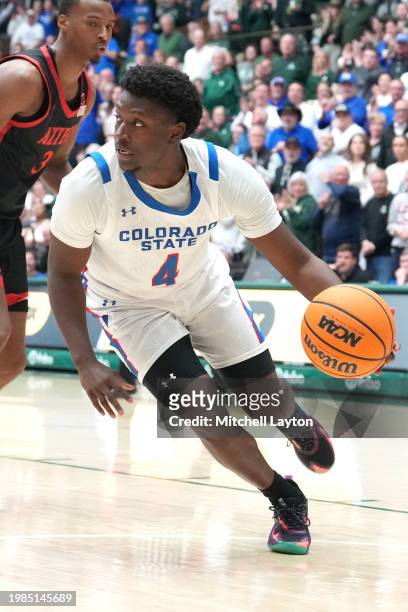 Isaiah Stevens of the Colorado State Rams dribbles the ball during a college basketball game against the San Diego State Aztecs at the Moby Arena on...