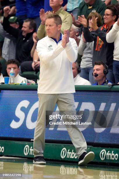 Head coach Niko Nedved of the Colorado State Rams looks on during a college basketball game against the San Diego State Aztecs at the Moby Arena on...