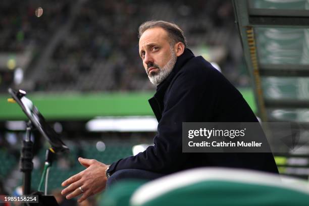 Pellegrino Matarazzo, Head Coach of TSG 1899 Hoffenheim, looks on prior to the Bundesliga match between VfL Wolfsburg and TSG Hoffenheim at...