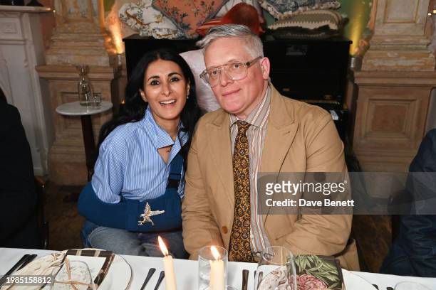 Serena Rees and Giles Deacon attend the launch of Sanderson by Giles Deacon at Sessions Art Club on February 7, 2024 in London, England.