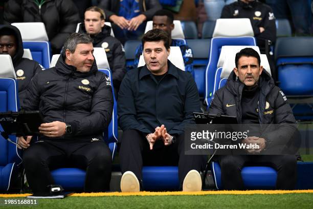 Miguel d’Agostino, Goalkeeper coach, Mauricio Pochettino, Manager of Chelsea, Jesus Perez, Assistant Manager of Chelsea, look on prior to the Premier...