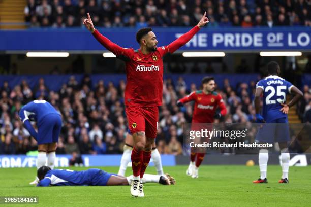 Matheus Cunha of Wolverhampton Wanderers celebrates scoring his team's first goal during the Premier League match between Chelsea FC and...