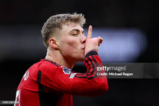 Rasmus Hojlund of Manchester United celebrates scoring his team's first goal during the Premier League match between Manchester United and West Ham...