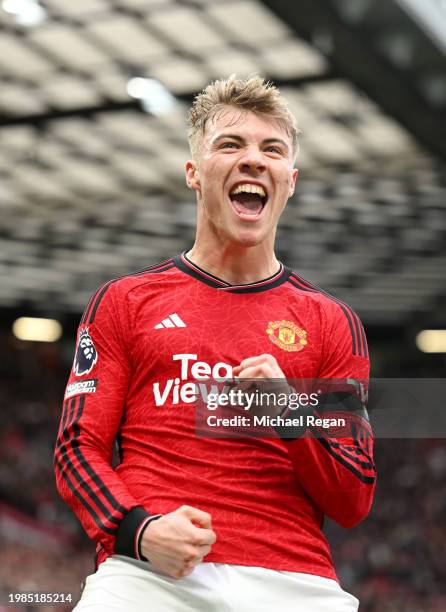 Rasmus Hojlund of Manchester United celebrates scoring his team's first goal during the Premier League match between Manchester United and West Ham...